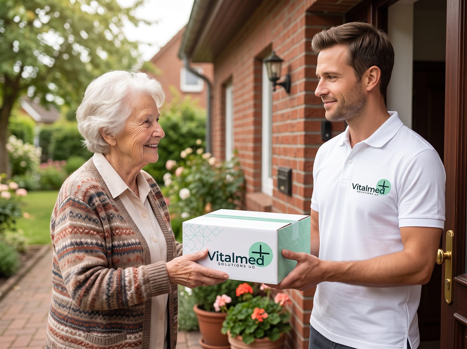 Vitalmed-Mitarbeiter übergibt das Paket an der Haustür