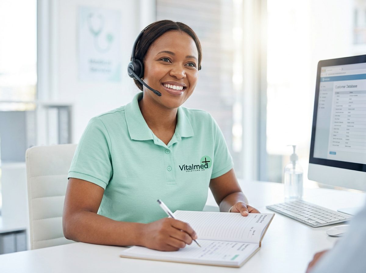 Freundliche Vitalmed-Kundenberaterin mit Headset