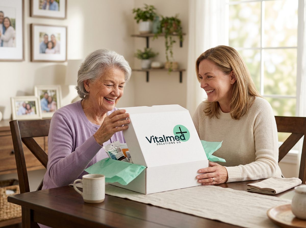 Seniorin öffnet ihr Vitalmed-Paket gemeinsam mit ihrer Tochter